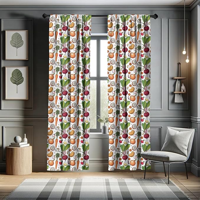 Ambesonne Vegetables 2 Panel Curtain Set, Continuous Pattern of Sketchy Painted Healthy Natural Tasty Food Illustration, Window Treatment Living Room Bedroom Decor, Pair of - 28" x 95", Green Orange