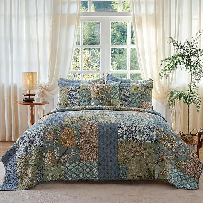 Secgo Twin Size Quilt Size - 100% Cotton Comforter Set Bedding Sets (68 * 86 Inch) with 2 Pillow Shams, Patchwork Reversible Lightweight Bedspread