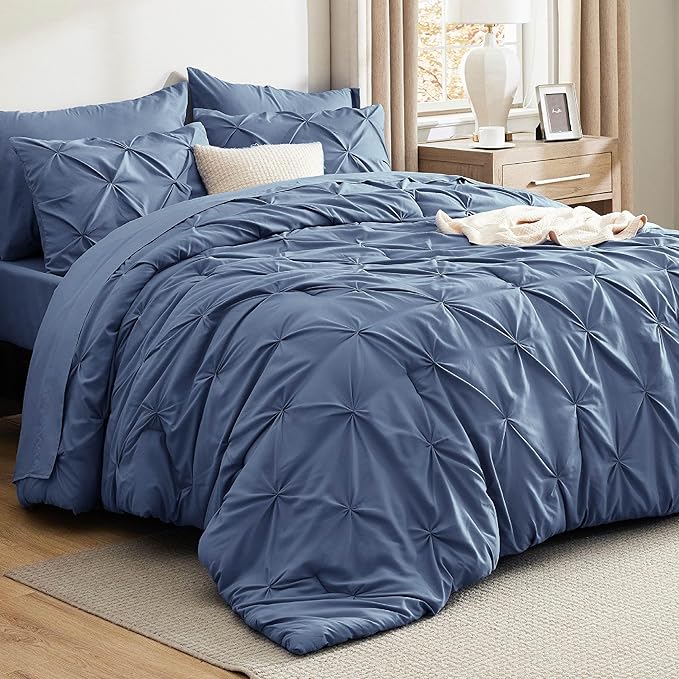 Bedsure King Size Comforter Set Slate Blue - Bed in a Bag Bedding Set 7 Pieces, GentleSoft™ Pintuck Bed Set Gift for Family, Pinch Pleat Slate Blue Comforter with Sheets, Pillowcases & Shams