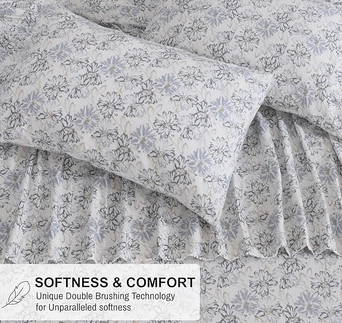 RUVANTI Flannel Sheets Full Size - 100% Cotton Double Brushed Bed Sheets Set, Deep Pockets 16 Inches, All Seasons Breathable & Extra Soft Full Sheets, Warm & Cozy, 4 Piece, Pacific