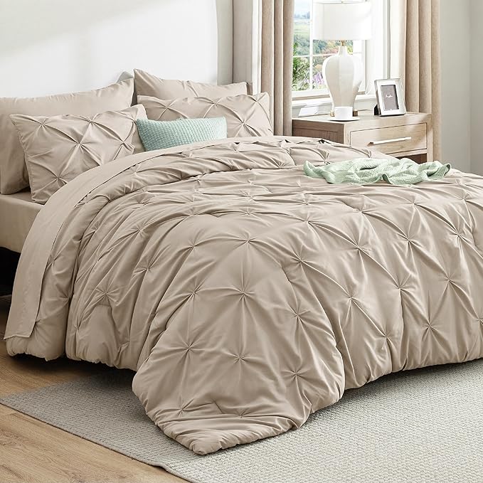 Bedsure Full Comforter Set Beige - Bed in a Bag Full Size Bedding Set 7 Pieces, GentleSoft™ Pintuck Bed Set Gift for Family, Pinch Pleat Beige Comforter with Sheets, Pillowcases & Shams