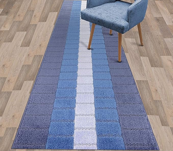Custom Size Coastal Nautical Style Runner Rug Carpet for Hallway Entryway, Slip Resistant Latex Rubber Backed, 31 inch Wide X Customized Length, Squares Blue, 31 inch X 30 feet