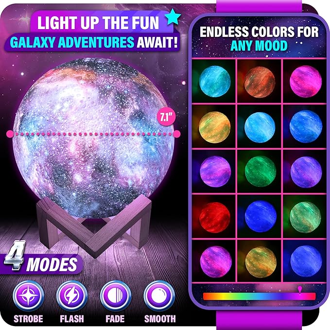 Mind-Glowing Galaxy Moon Lamp with Multi Colors, Touch/Remote, Wood Stand - Teen Girl Room Decor, Trendy Stuff - Christmas Gift for Any Year Old Teenage Girl - Cool Night Light for Kids (7.1 inch)