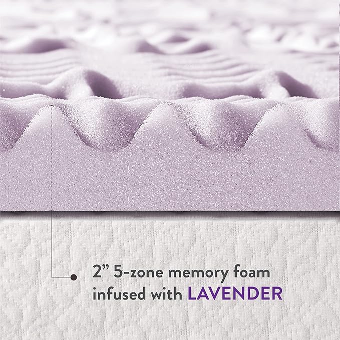Mellow 2 Inch 5-Zone Memory Foam Mattress Topper, Soothing Lavender Infusion, Dorm Essentials, Full