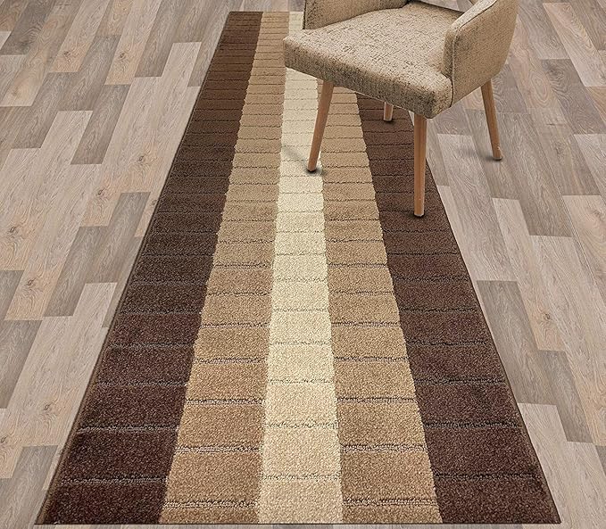 Custom Size Modern Geometric Pattern Carpet Runner Rug for Hallways, Slip Resistant Latex Rubber Backed, 31 inch Wide X Customized Length, Squares Brown, 31 inch X 20 feet