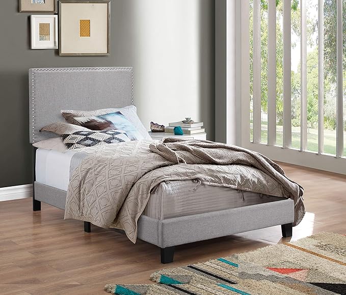 Crown Mark Erin Upholstered Panel Bed in Gray, Twin