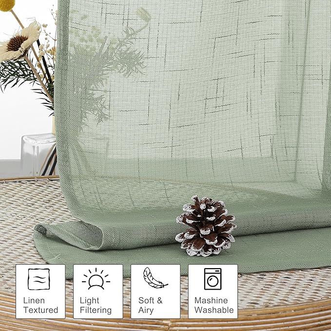 Aiyufeng Kirei Sage Green Linen Sheer Curtains 63 inch Length - Premium Flax Linen Material Soft Semi Sheer Half Privacy Protected for Livingroom, Bedroom, Farmhouse, W 40 x L 63 inch, 2 Panels