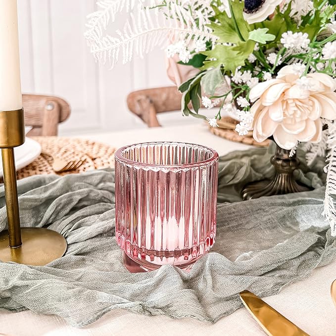 Blush Pink Vintage Ribbed Glass Tealight Votive Candle Holders by Kate Aspen (Set of 6), Pink Decor, Boho Decor, Shelf Decoration, Rose Gold Look | Perfect Hostess Gift (Pack of 6)