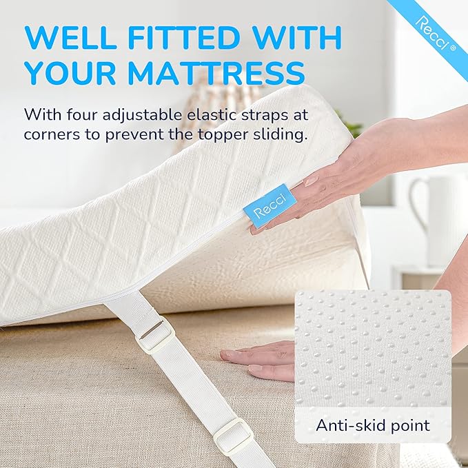 RECCI Memory Foam Mattress Topper, Pressure-Relieving Mattress Topper for Back Pain, Non-Slip Design with Removable & Washable Cover, CertiPUR-US Certified, 2 Inch Queen
