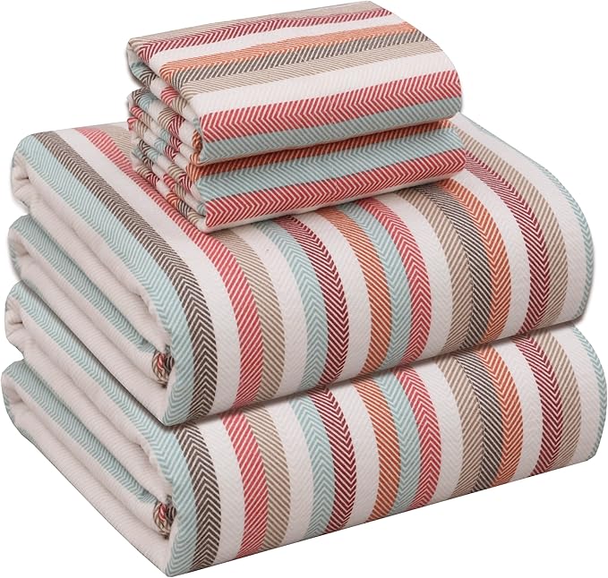 RUVANTI Flannel Sheets Queen Size - 100% Cotton Double Brushed Bed Sheets, Deep Pockets 16 Inches Queen Sheet Set, All Seasons Breathable & Extra Soft - Warm & Cozy, 4 Piece, Multi Chevron Stripe