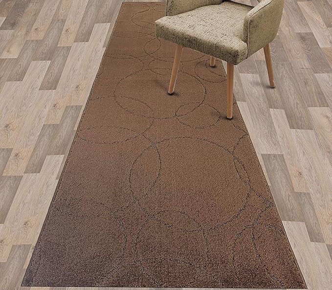 Custom Size Modern Geometric Pattern Carpet Runner Rug for Hallways, Slip Resistant Latex Rubber Backed, 31 inch Wide X Customized Length, Circles Brown, 31 inch X 33 feet