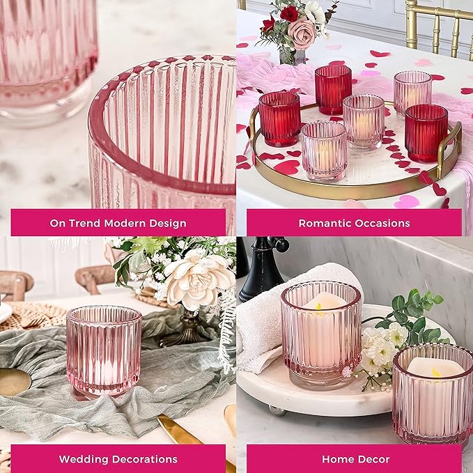 Blush Pink Vintage Ribbed Glass Tealight Votive Candle Holders by Kate Aspen (Set of 6), Pink Decor, Boho Decor, Shelf Decoration, Rose Gold Look | Perfect Hostess Gift (Pack of 6)