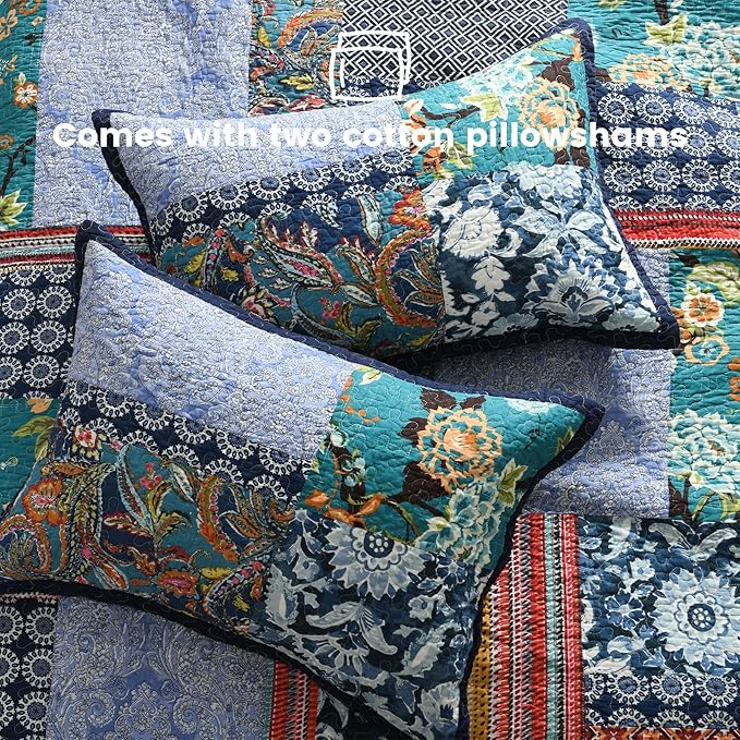 Secgo California King Quilt Size - 100% Cotton Oversized California Comforter Set Bedding Sets (120 * 110 Inch) with 2 Pillow Shams, Patchwork Reversible Lightweight Bedspread