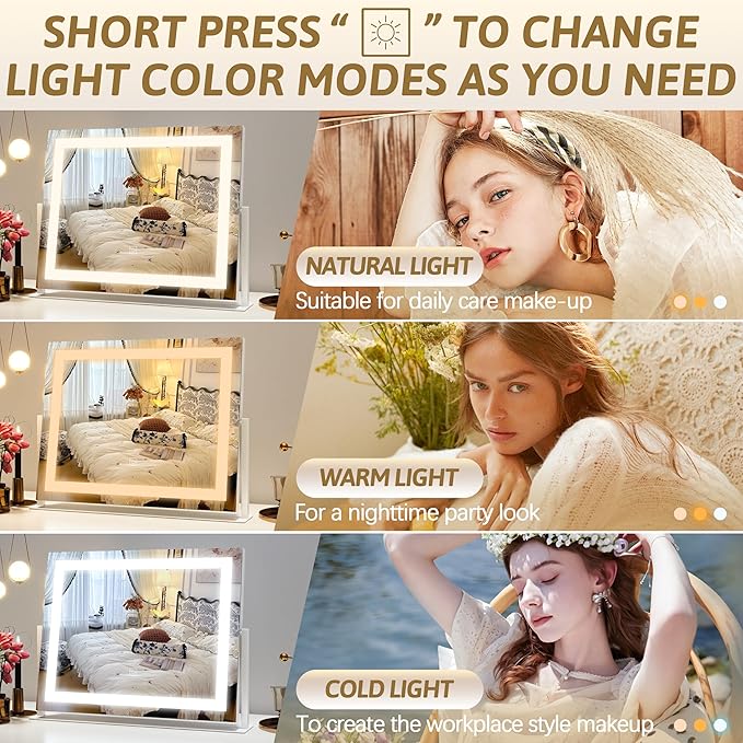 Vanity Mirror with Lights 22"x18", Lighted Makeup Mirror with 10X Magnification, Smart Touch 3 Colors Dimmable, 360° Rotation, Women Gift, Dresser Mount, Bathroom (White)