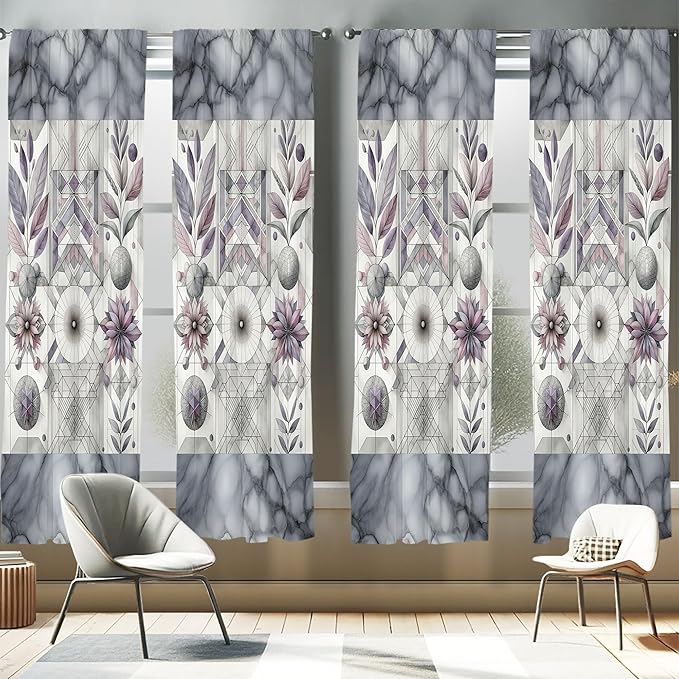 Ambesonne Geometric Floral Window Curtains Pack of 2, Classic Marble Print Ornate Leafy Flowers and Futurist Stripes, Lightweight Set with Rod Pocket, 4 Panels of - 28" x 95", Ceil Blue Laurel Green