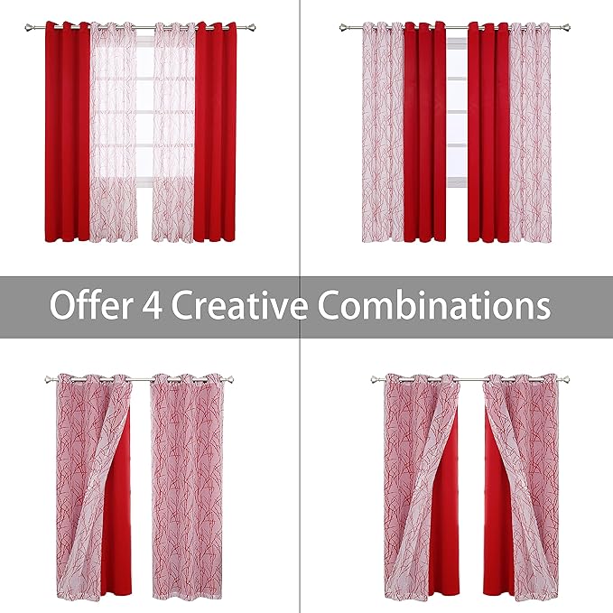 BONZER Mix and Match Curtains - 2 Pieces Branch Print Sheer Curtains and 2 Pieces Blackout Curtains for Bedroom Living Room Grommet Window Drapes, 37x95 Inch/Panel, Red, Set of 4 Panels