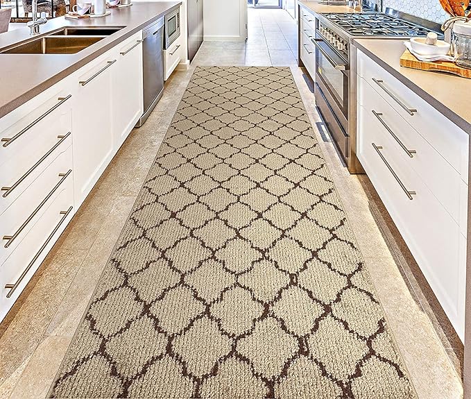 Custom Size Modern Runner Rug Carpet for Hallway Entryway Foyer Kitchen, Slip Resistant Latex Rubber Backed 31 inch Wide X Customized Length, Trellis Beige, 31 inch X 14 feet