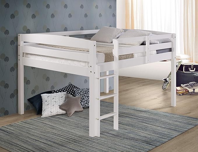Camaflexi Tribeca Solid Wood Low Loft Bed Frame / 14 Wood Slats and 2 Center Supports / No Box Spring Necessary / Easy Assembly / Full - White, T1303F