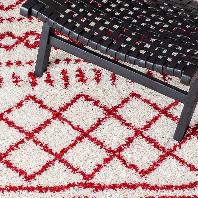 SAFAVIEH Arizona Shag Collection Area Rug - 6'7" x 9'2", Ivory & Red, Moroccan Design, Non-Shedding & Easy Care, 1.6-inch Thick Ideal for High Traffic Areas in Living Room, Bedroom (ASG741P)
