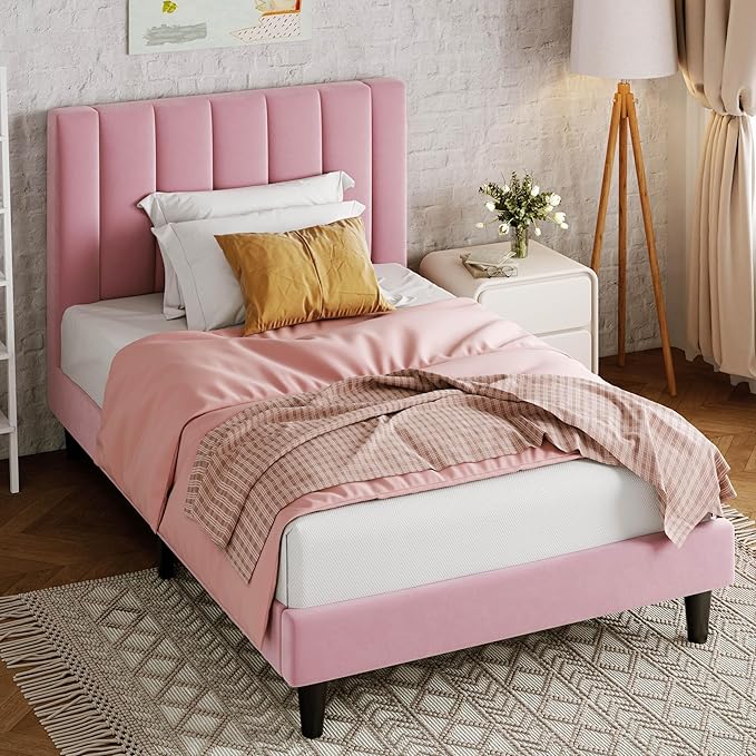 Allewie Twin Bed Frame/Velvet Upholstered Bed Frame with Vertical Channel Tufted Headboard/Strong Wooden Slats/Platform Bed Frame/Mattress Foundation/Box Spring Optional/Easy Assembly/Pink