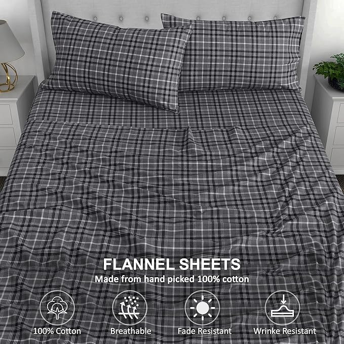 RUVANTI Flannel Sheets Split King Size - 100% Cotton Brushed Split King Bed Sheets Set, Deep Pockets 16 Inches, All Seasons Breathable & Extra Soft, Warm & Cozy, 5 Piece, Grey Plaid