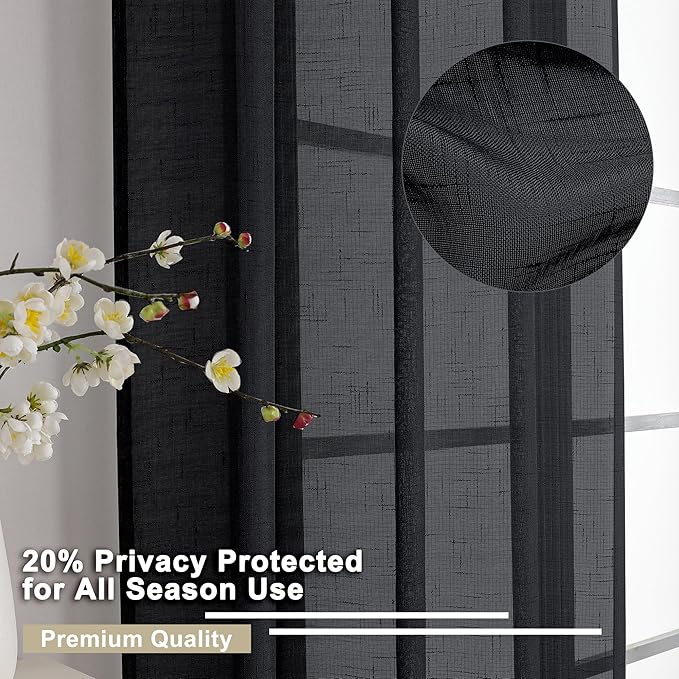 Aiyufeng Faux Black Sheer Curtains 54 Inch Length 2 Panel Set, Fresh Farmhouse 54 Inch Long Sheer Linen Look Airy & Lightweight Elegant Window Treatments for Bedroom/Kitchen, 30Wx54L inch