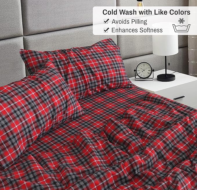 RUVANTI Flannel Sheets Full Size - 100% Cotton Double Brushed Bed Sheets Set, Deep Pockets 16 Inches, All Seasons Breathable & Extra Soft Full Sheets, Warm & Cozy, 4 Piece, Red Plaid