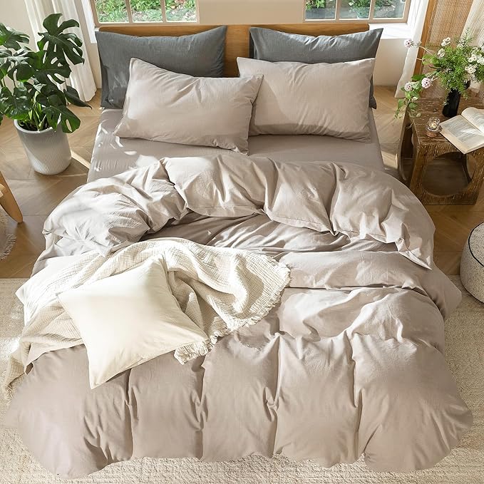 MooMee Bedding Duvet Cover Set 100% Washed Cotton Linen Like Textured Breathable Durable Soft Comfy (Heathered Taupe, Cal King 104"x98")