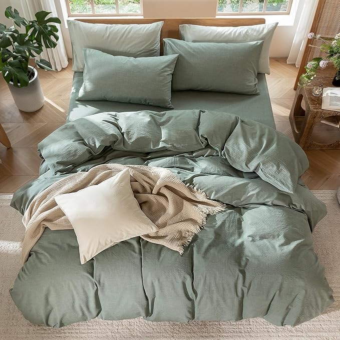 MooMee Bedding Duvet Cover Set 100% Washed Cotton Linen Like Textured Breathable Durable Soft Comfy (Heathered Green, Palatial King/Oversized King 120"x98")