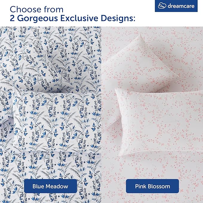 DREAMCARE Twin Sheets - Cooling Bed Sheets - Twin Sheet Set - Soft & Long Lasting 100% Fine Brushed Floral Blossom Sheets