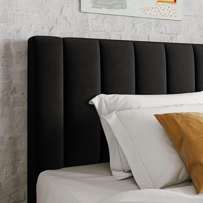 Allewie Twin Bed Frame/Velvet Upholstered Bed Frame with Vertical Channel Tufted Headboard/Strong Wooden Slats/Platform Bed Frame/Mattress Foundation/Box Spring Optional/Easy Assembly/Black