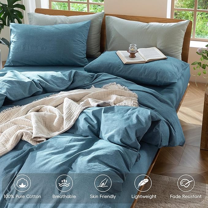 MooMee Bedding Duvet Cover Set 100% Washed Cotton Linen Like Textured Breathable Durable Soft Comfy (Heathered Peacock Blue, Oversized Queen 98"x98")