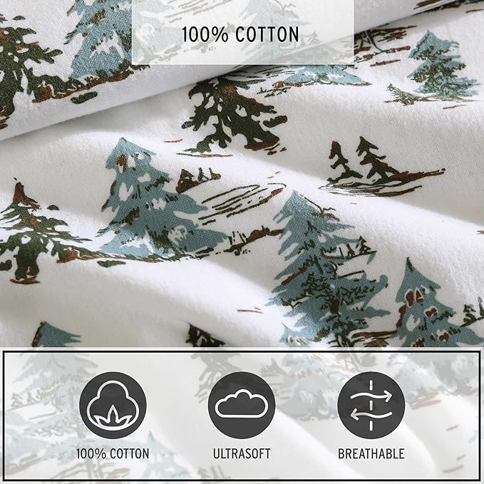 Eddie Bauer - Twin Sheets, Cotton Flannel Bedding Set, Brushed for Extra Softness, Cozy Home Decor, Oeko-Tex Certified (Snowy Pine Trees Green, Twin)