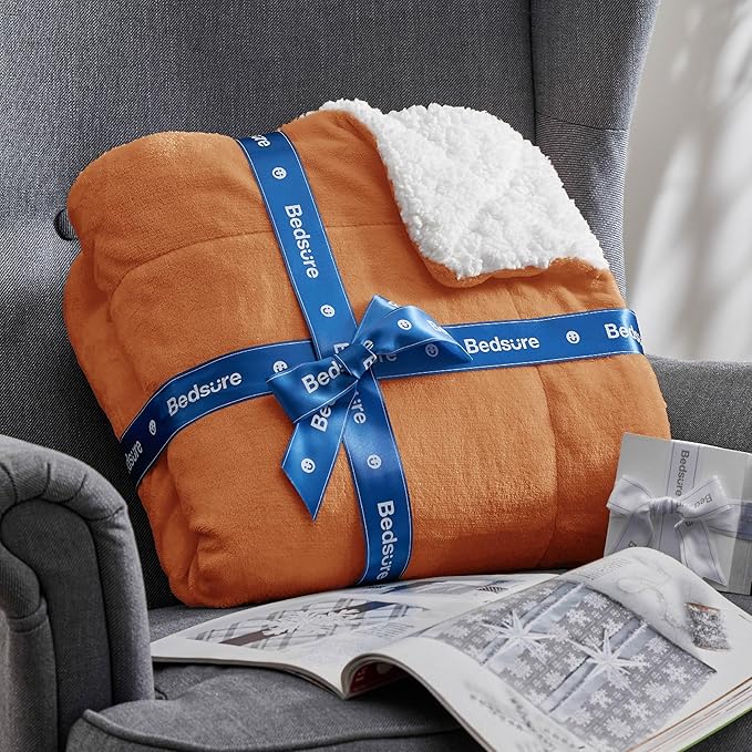 Bedsure GentleSoft Sherpa Fleece Blankets Queen Size for Bed - Thick and Warm Throw for Women and Men, Soft Fuzzy Plush Queen Blanket for Winter, Burnt Orange, 90x90 Inches