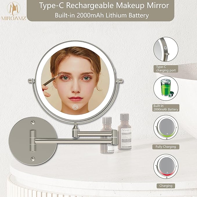 Rechargeable Wall Mounted Lighted Makeup Vanity Mirror 8 Inch Double Sided 1X 10X Magnifying Bathroom Mirror, 3 Color Lighting, Touch Screen, 360 Rotation, Shaving Mirror Brushed Nickel