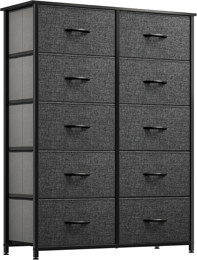 YITAHOME 10 Drawer Dresser - Fabric Storage Tower, Organizer Unit for Bedroom, Living Room, Hallway, Closets - Sturdy Steel Frame, Wooden Top & Easy Pull Fabric Bins (Black Grey)