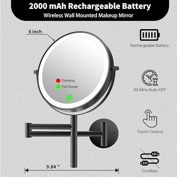 8" Wall Mounted Makeup Mirror with Handle, 3 Color Lights Dimmable and 1X/10X Magnification, Rechargeable Bathroom Wall Mount Magnifying Mirror with Extension Arm Height Adjustable Black