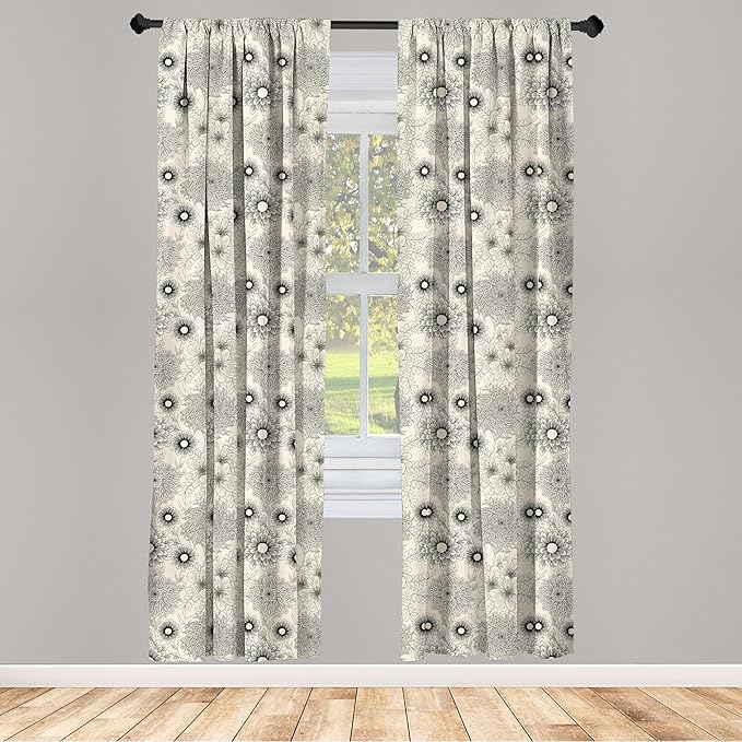 Ambesonne Dahlia Curtains, Vintage Style Garden Flower Sketches of Dahlia and Chrysanthemum Botany Theme, Window Treatments 2 Panel Set for Living Room Bedroom, Pair of - 28" x 95", Beige Black
