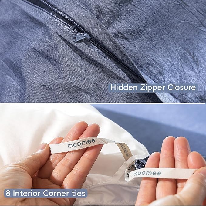 MooMee Bedding Duvet Cover Set 100% Washed Cotton Linen Like Textured Breathable Durable Soft Comfy (Heathered Blue, Oversized Queen 98"x98")