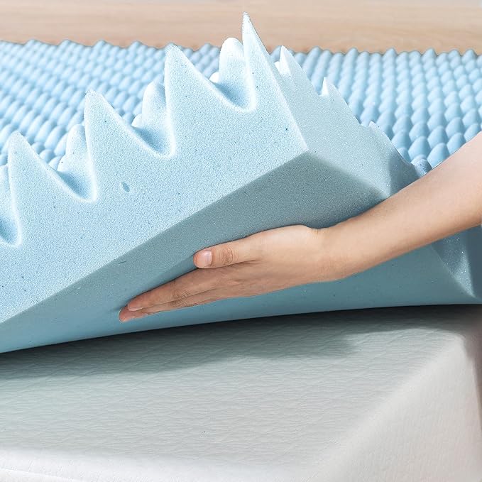 Best Price Mattress 4 Inch Egg Crate Memory Foam Mattress Topper with Cooling Gel Infusion, CertiPUR-US Certified, Dorm Essentials, Queen, Light Blue