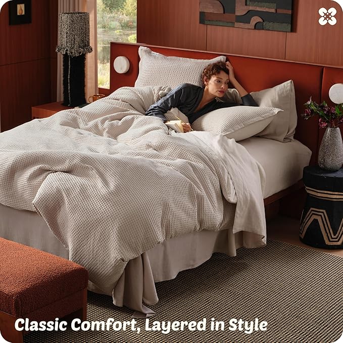Bedsure Cotton Duvet Cover Queen - 100% Cotton Waffle Weave Linen Color Duvet Cover Queen Size, GentleSoft™ and Breathable Bedding Set for All Season, 3 Pieces, 90"x90"
