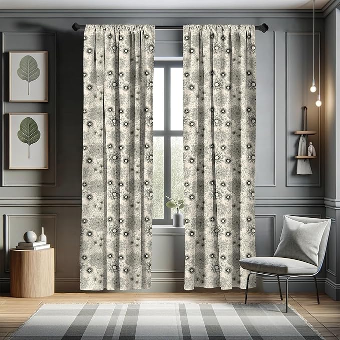 Ambesonne Dahlia Curtains, Vintage Style Garden Flower Sketches of Dahlia and Chrysanthemum Botany Theme, Window Treatments 2 Panel Set for Living Room Bedroom, Pair of - 28" x 84", Beige Black