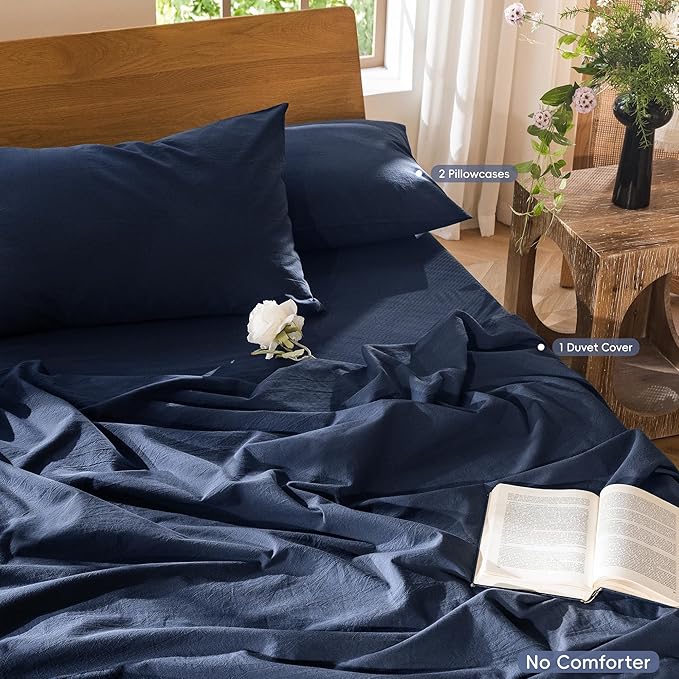MooMee Bedding Duvet Cover Set 100% Washed Cotton Linen Like Textured Breathable Durable Soft Comfy (Solid Navy, Queen 90"x90")