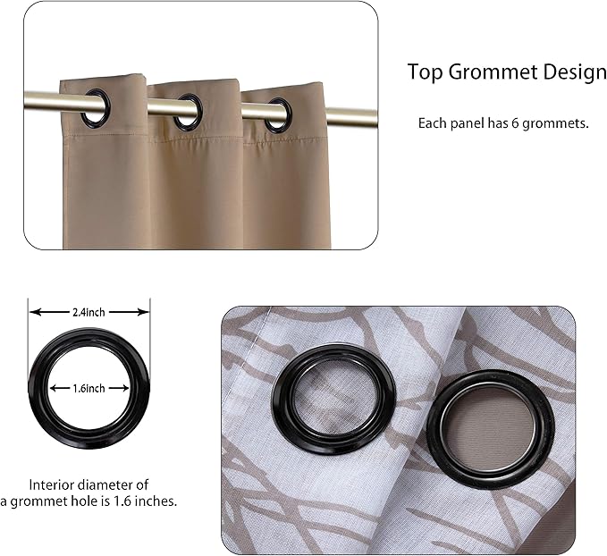 BONZER Mix and Match Curtains - 2 Pieces Branch Print Sheer Curtains and 2 Pieces Blackout Curtains for Bedroom Living Room Grommet Window Drapes, 37x63 Inch/Panel, Taupe, Set of 4 Panels