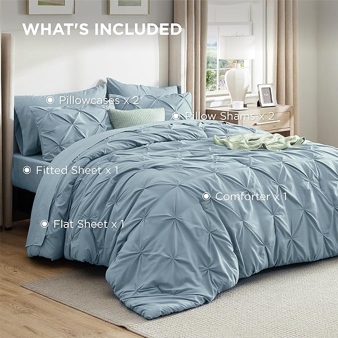 Bedsure California King Comforter Set - Bed in a Bag Cal King Bedding Set 7 PCS, GentleSoft™ Pintuck Bed Set Gift for Family, Pinch Pleat Light Blue Comforter with Sheets, Pillowcases & Shams