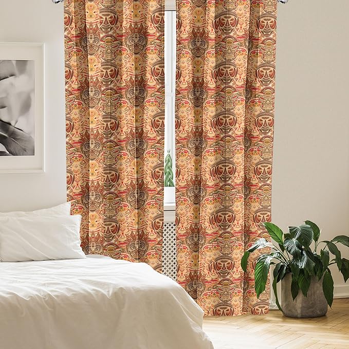 Ambesonne African Curtains, Motif with Pattern Design, Window Treatments 2 Panel Set for Living Room Bedroom, Pair of - 28" x 63", Brown Orange
