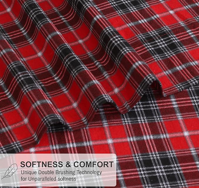 RUVANTI Flannel Sheets Full Size - 100% Cotton Double Brushed Bed Sheets Set, Deep Pockets 16 Inches, All Seasons Breathable & Extra Soft Full Sheets, Warm & Cozy, 4 Piece, Red Plaid