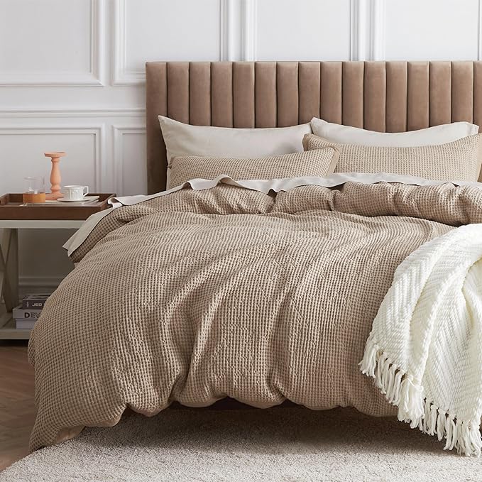 Bedsure Cotton Duvet Cover Set - 100% Cotton Waffle Weave Khaki Duvet Cover Oversized Queen Size, GentleSoft™ and Breathable Bedding Set for All Season, 3 Pieces, 98"x98"