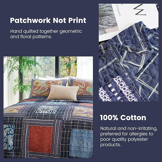 Secgo Queen Comforter Set for Bed - 100% Cotton Quilts Queen Size, Black Bedspreads (90 * 98 Inch) with 2 Pillow Shams, Patchwork Reversible Lightweight Bedding