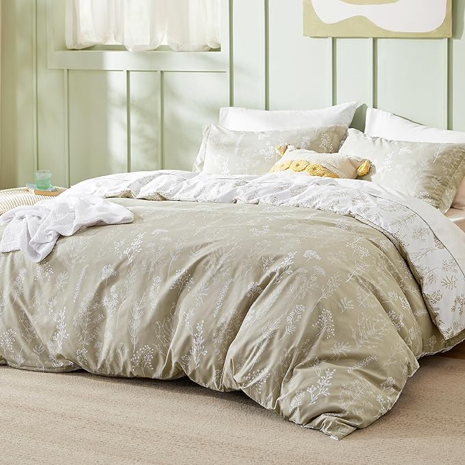 Bedsure Queen Comforter Set - Linen Bed Set, 3 Pieces Cute Floral Bedding, 1 Soft Reversible Botanical Flowers Comforter and 2 Pillow Shams